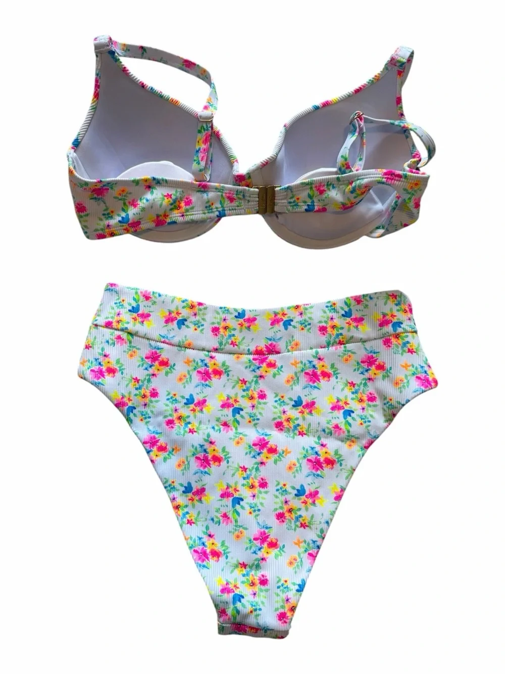 Kulani Kinis White Floral Ribbed High-Waist Bikini - Pink Blue Yellow Green